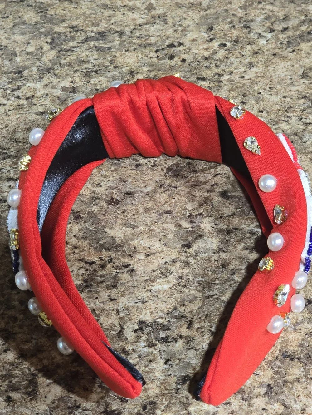 4th Of July USA Embellished Red Knot Headband with Crystal Letters